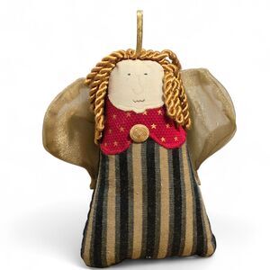 Woof & Poof Christmas Angel Soft Stuffed Ornament Decor Green gold Striped Dress